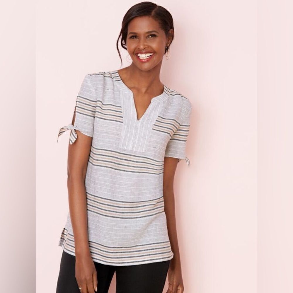 Talbots Women’s Gray Stripe Linen Short Tie-Sleeve Blouse Shirt Size X